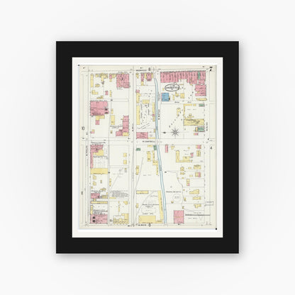 Old map wall art mockup — black gallery frame with white mat — Sanborn Fire Insurance Map from Springfield, Greene County, Missouri (1896), Sheet #0007