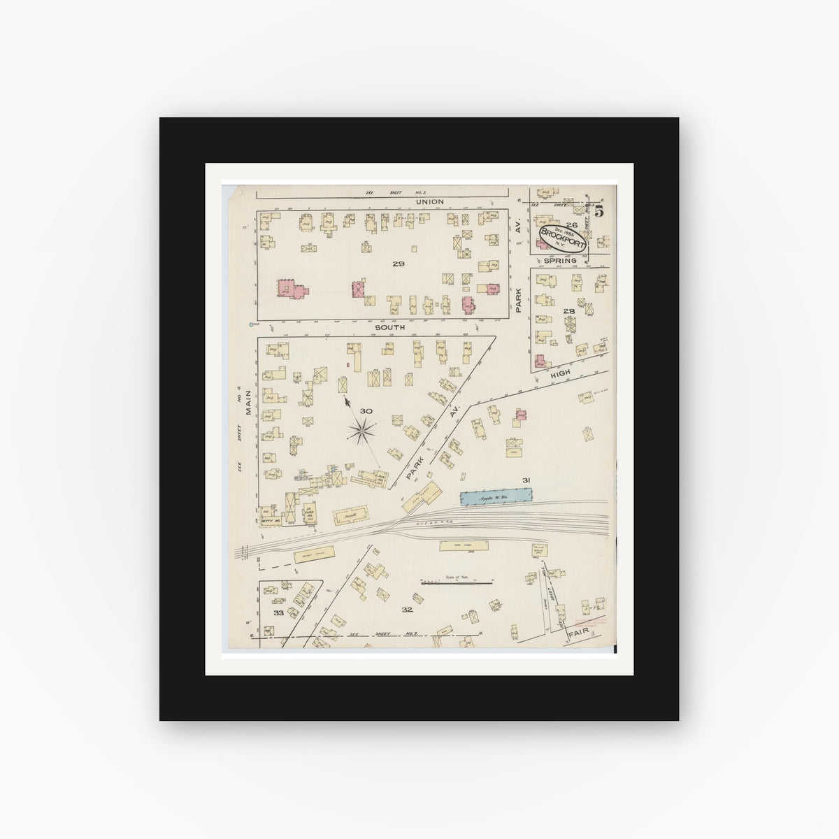 Old map wall art mockup — black gallery frame with white mat — Sanborn Fire Insurance Map from Brockport, Monroe County, New York (1885), Sheet #0005