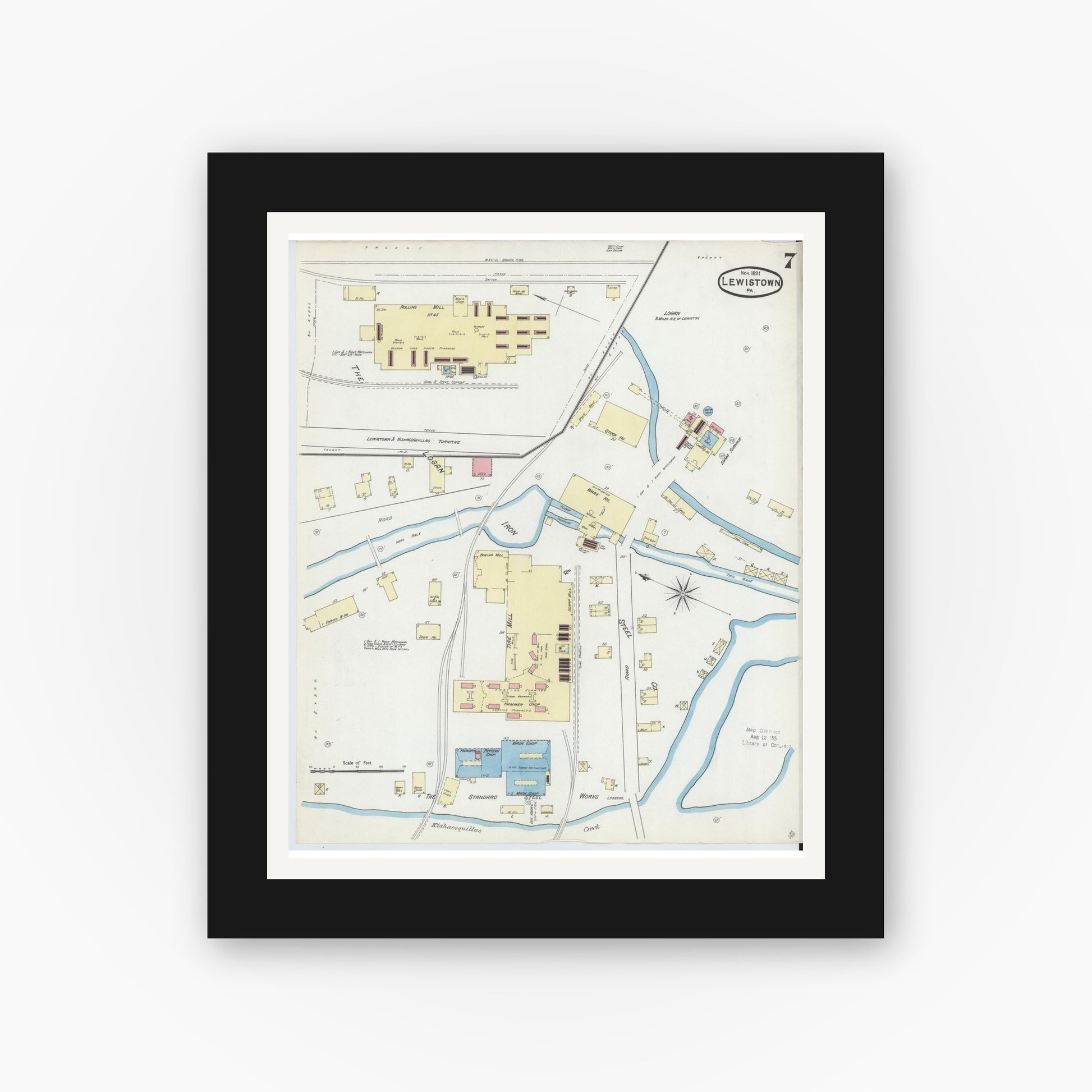 Old map wall art mockup — black gallery frame with white mat — Sanborn Fire Insurance Map from Lewistown, Mifflin County, Pennsylvania (1891), Sheet #0007