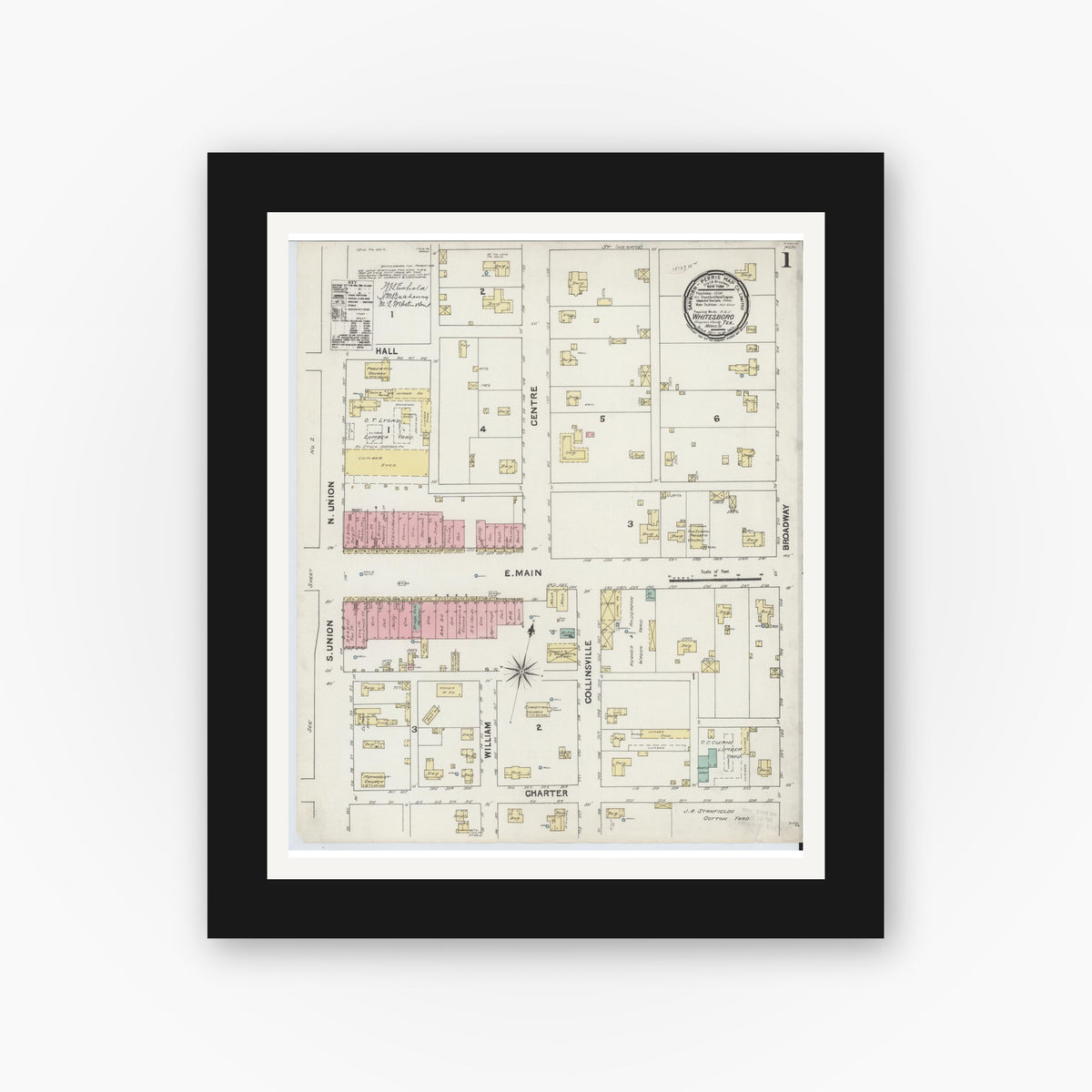 Old map wall art mockup — black gallery frame with white mat — Sanborn Fire Insurance Map from Whitesboro, Grayson County, Texas (1891) - Complete Map Set