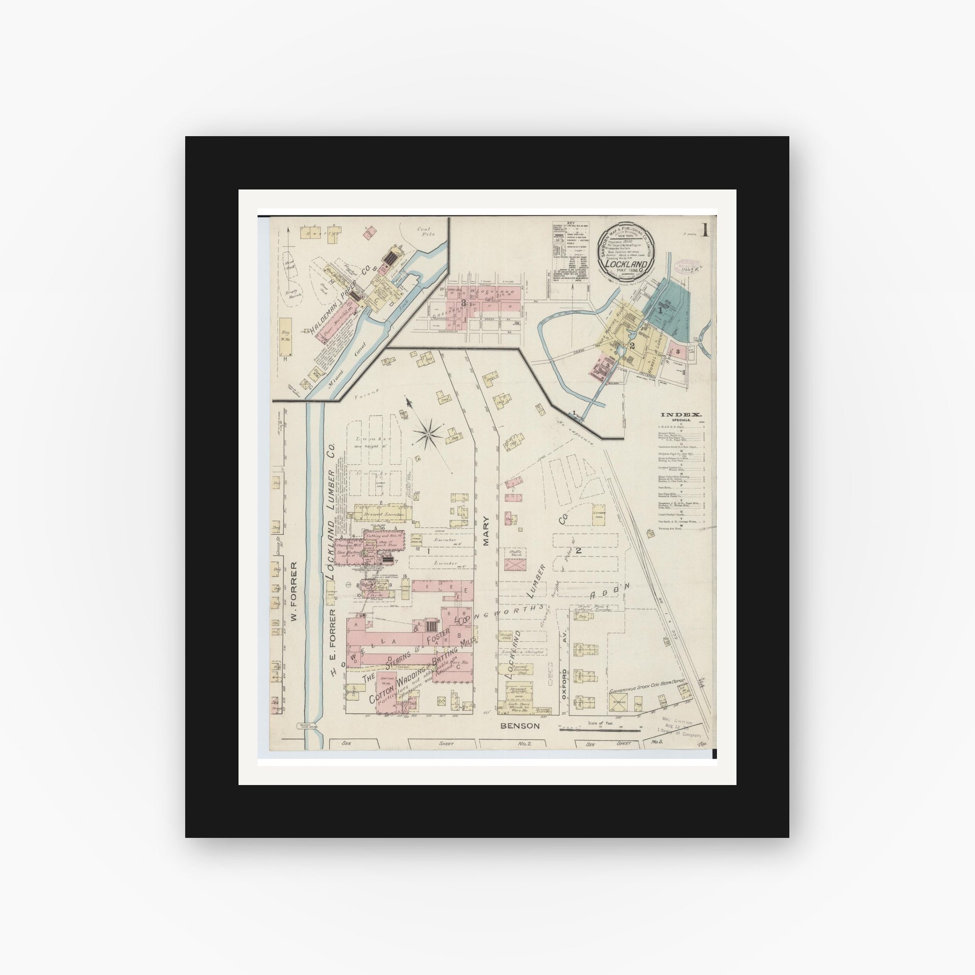 Old map wall art mockup — black gallery frame with white mat — Sanborn Fire Insurance Map from Lockland, Hamilton County, Ohio (1886) - Complete Map Set