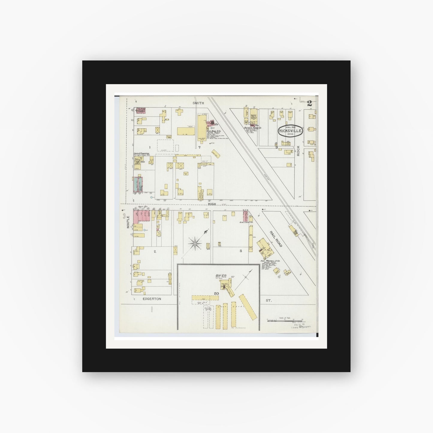 Old map wall art mockup — black gallery frame with white mat — Sanborn Fire Insurance Map from Hicksville, Defiance County, Ohio (1893), Sheet #0002