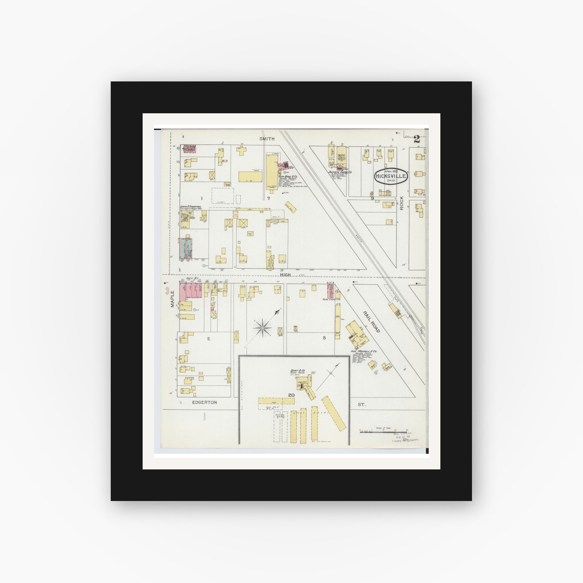 Old map wall art mockup — black gallery frame with white mat — Sanborn Fire Insurance Map from Hicksville, Defiance County, Ohio (1893), Sheet #0002