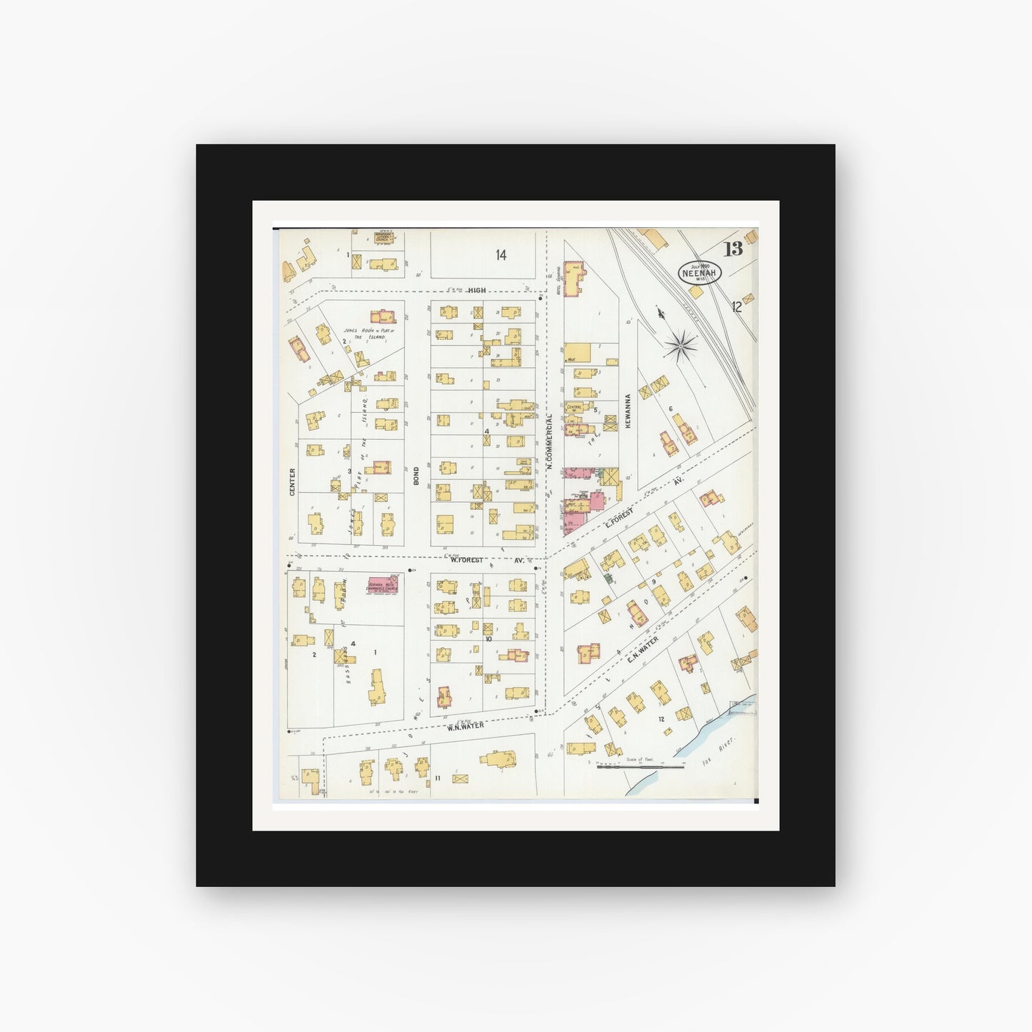 Old map wall art mockup — black gallery frame with white mat — Sanborn Fire Insurance Map from Neenah, Winnebago County, Wisconsin (1900), Sheet #0013
