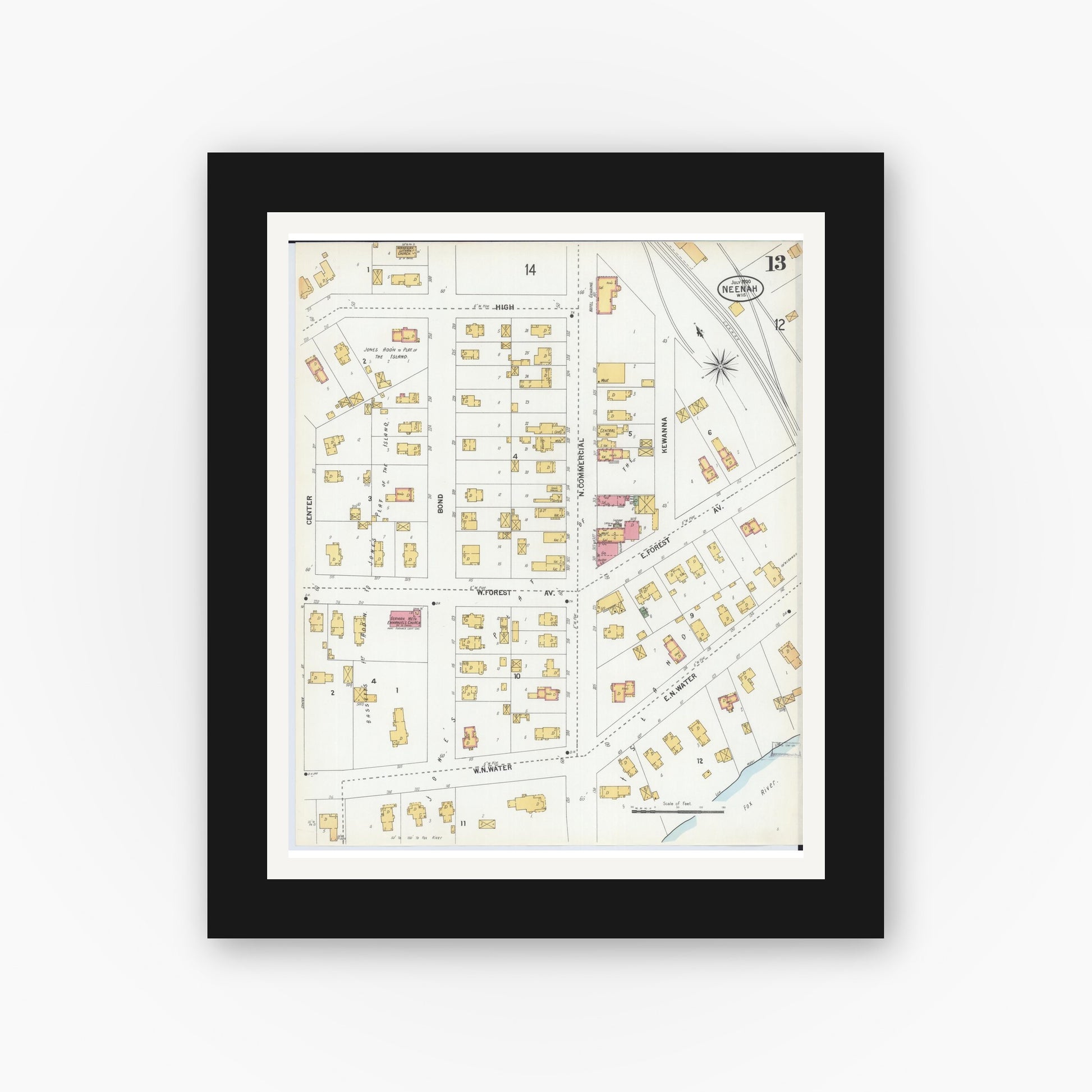 Old map wall art mockup — black gallery frame with white mat — Sanborn Fire Insurance Map from Neenah, Winnebago County, Wisconsin (1900), Sheet #0013