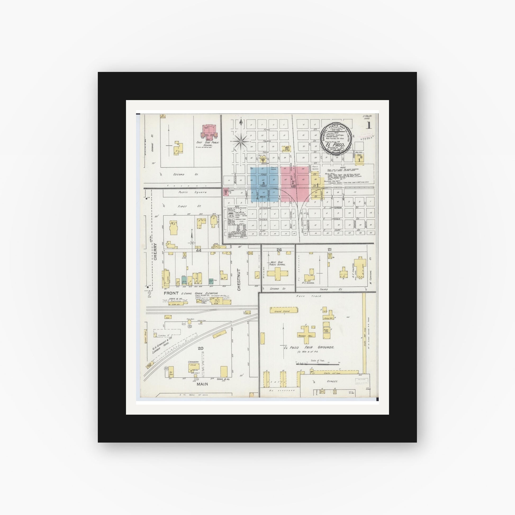 Old map wall art mockup — black gallery frame with white mat — Sanborn Fire Insurance Map from El Paso, Woodford County, Illinois (1892) - Complete Map Set