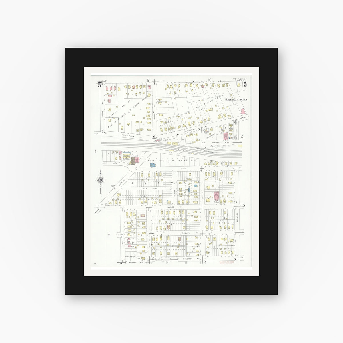 Old map wall art mockup — black gallery frame with white mat — Sanborn Fire Insurance Map from Glen Ellyn, Du Page County, Illinois (1940), Sheet #0005