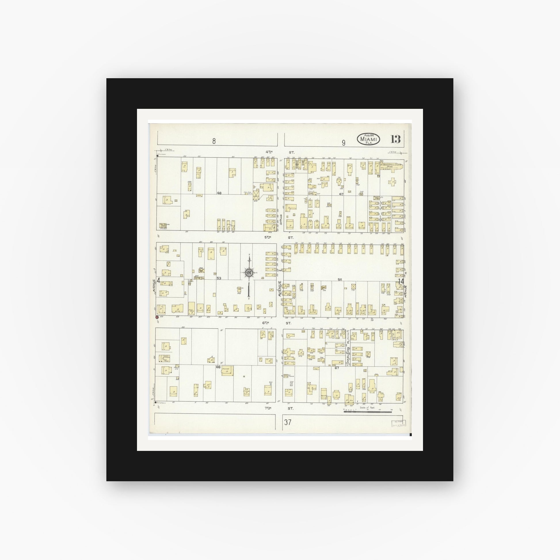 Old map wall art mockup — black gallery frame with white mat — Sanborn Fire Insurance Map from Miami, Dade County, Florida (1914), Sheet #0013