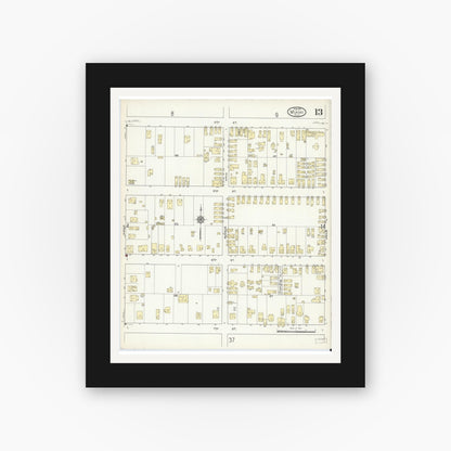 Old map wall art mockup — black gallery frame with white mat — Sanborn Fire Insurance Map from Miami, Dade County, Florida (1914), Sheet #0013