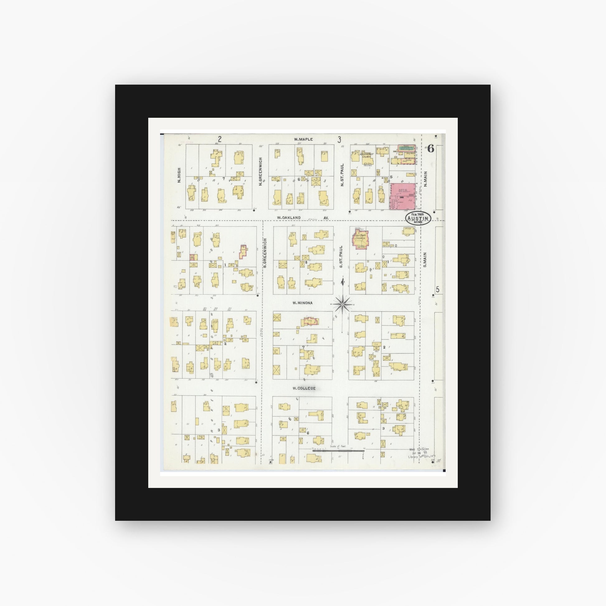 Old map wall art mockup — black gallery frame with white mat — Sanborn Fire Insurance Map from Austin, Mower County, Minnesota (1905), Sheet #0006