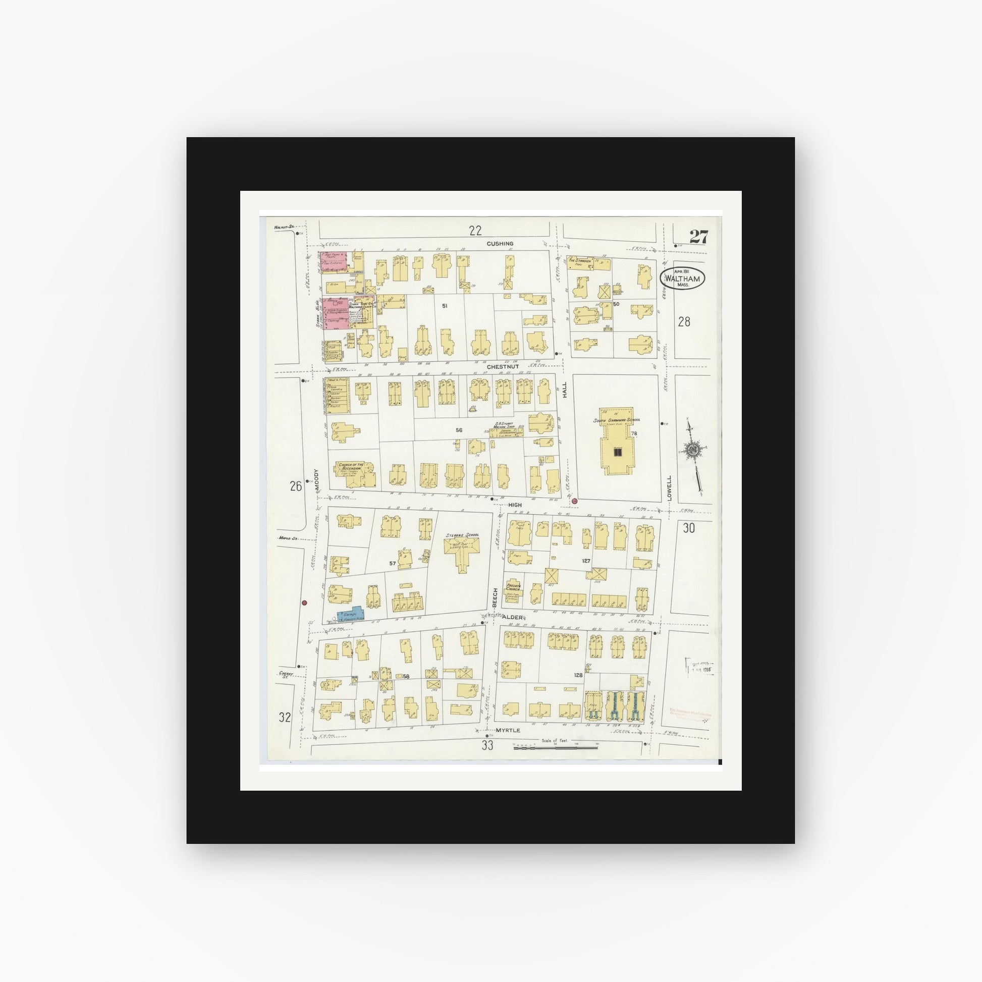 Old map wall art mockup — black gallery frame with white mat — Sanborn Fire Insurance Map from Waltham, Middlesex County, Massachusetts (1911), Sheet #0027