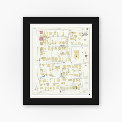 Old map wall art mockup — black gallery frame with white mat — Sanborn Fire Insurance Map from Waltham, Middlesex County, Massachusetts (1911), Sheet #0027