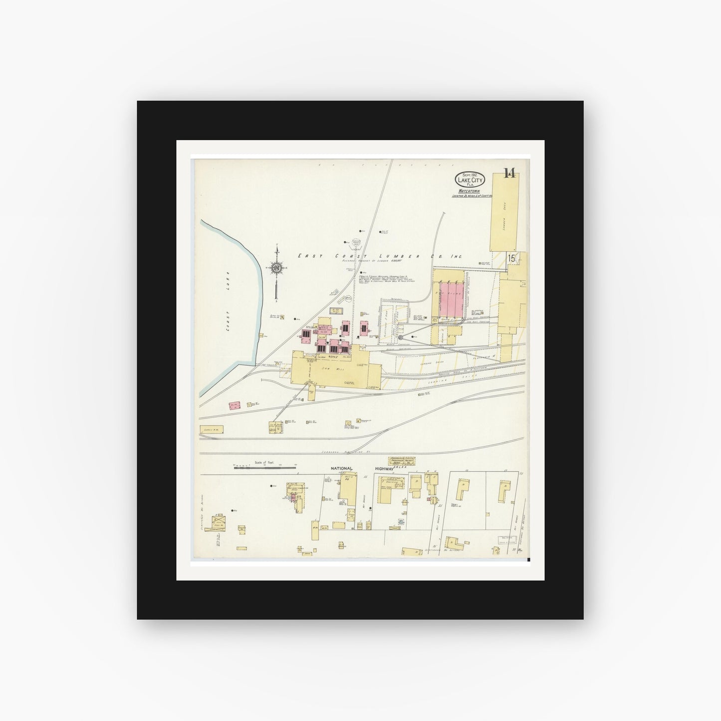 Old map wall art mockup — black gallery frame with white mat — Sanborn Fire Insurance Map from Lake City, Columbia County, Florida (1912), Sheet #0014