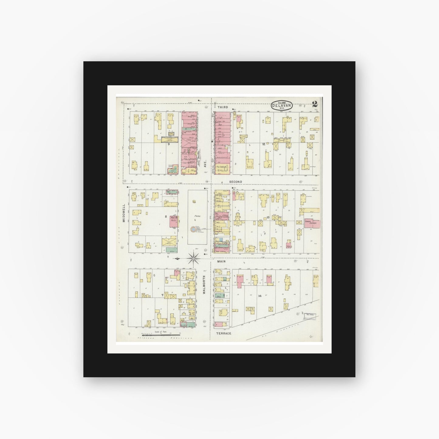 Old map wall art mockup — black gallery frame with white mat — Sanborn Fire Insurance Map from Delavan, Walworth County, Wisconsin (1895), Sheet #0002