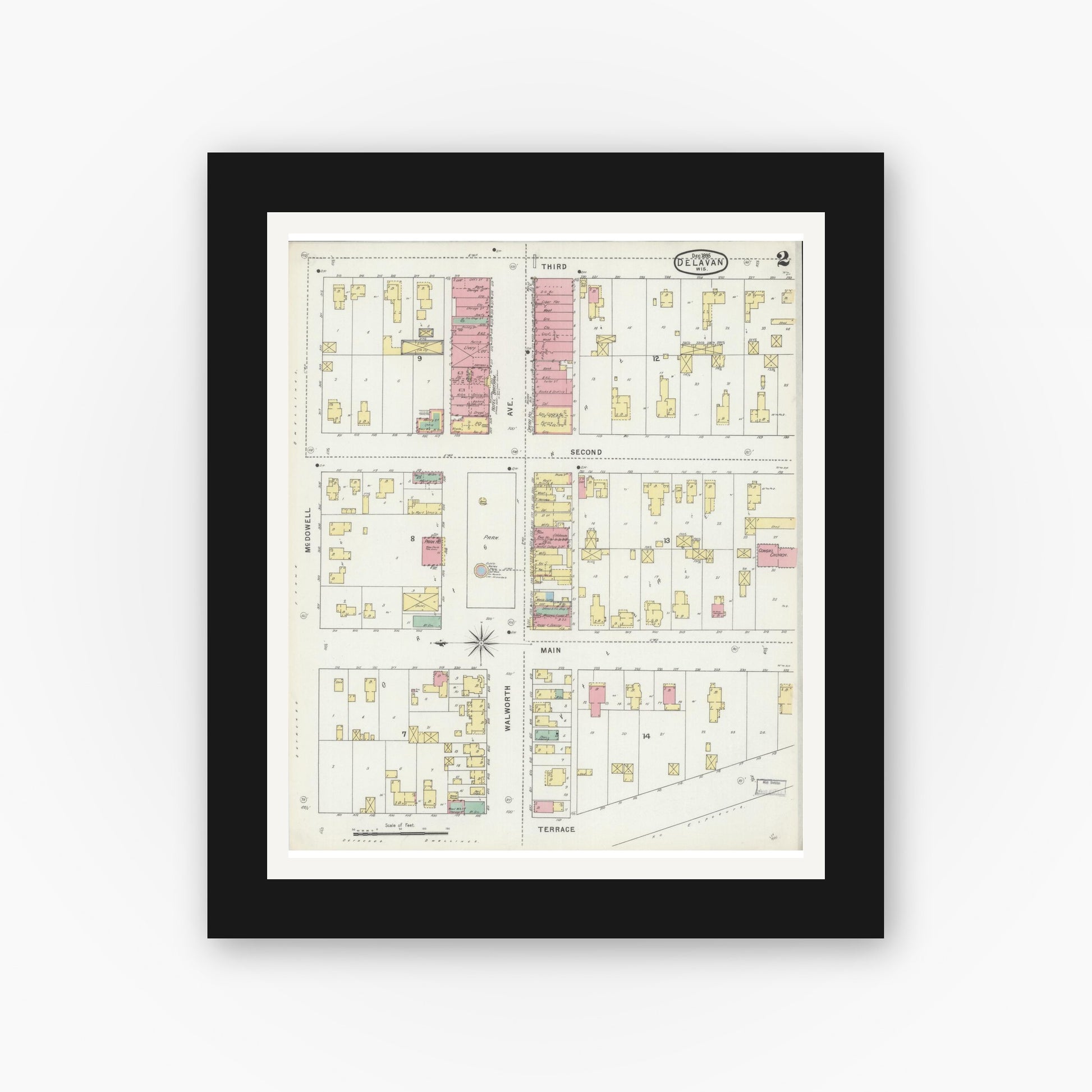 Old map wall art mockup — black gallery frame with white mat — Sanborn Fire Insurance Map from Delavan, Walworth County, Wisconsin (1895), Sheet #0002