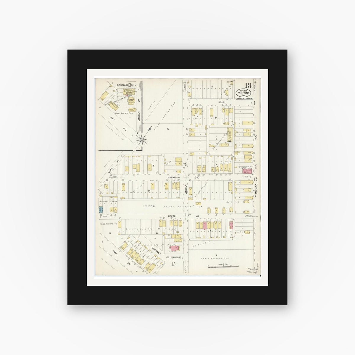 Old map wall art mockup — black gallery frame with white mat — Sanborn Fire Insurance Map from Whiting, Lake County, Indiana (1907), Sheet #0013