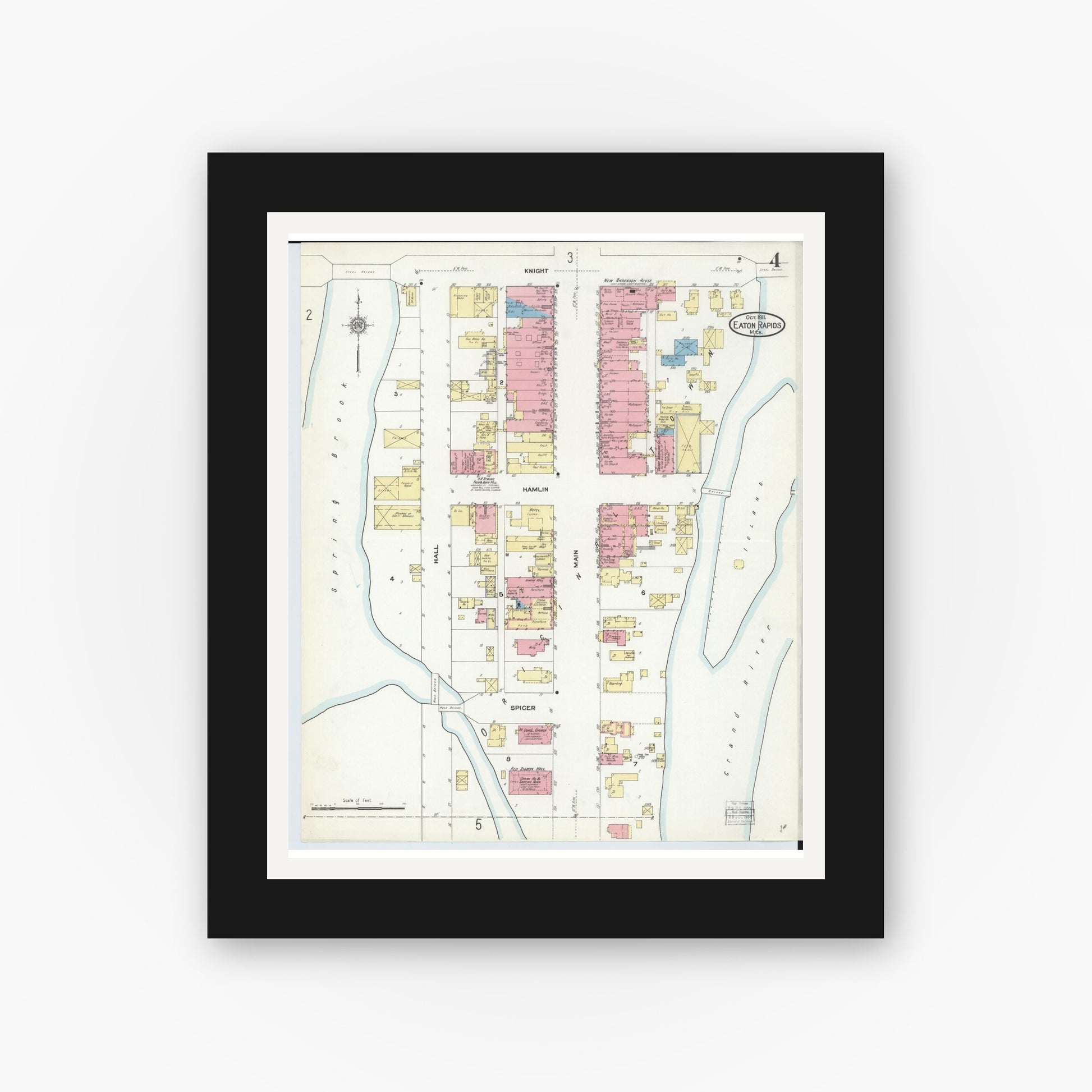 Old map wall art mockup — black gallery frame with white mat — Sanborn Fire Insurance Map from Eaton Rapids, Eaton County, Michigan (1911), Sheet #0004