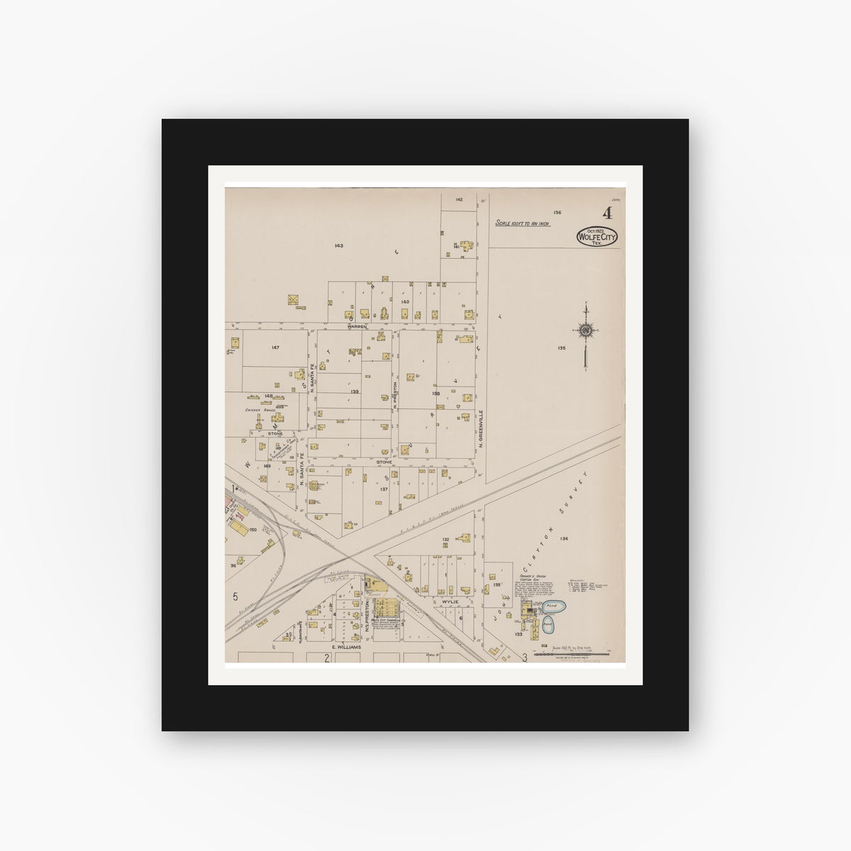 Old map wall art mockup — black gallery frame with white mat — Sanborn Fire Insurance Map from Wolfe City, Hunt County, Texas (1922), Sheet #0004