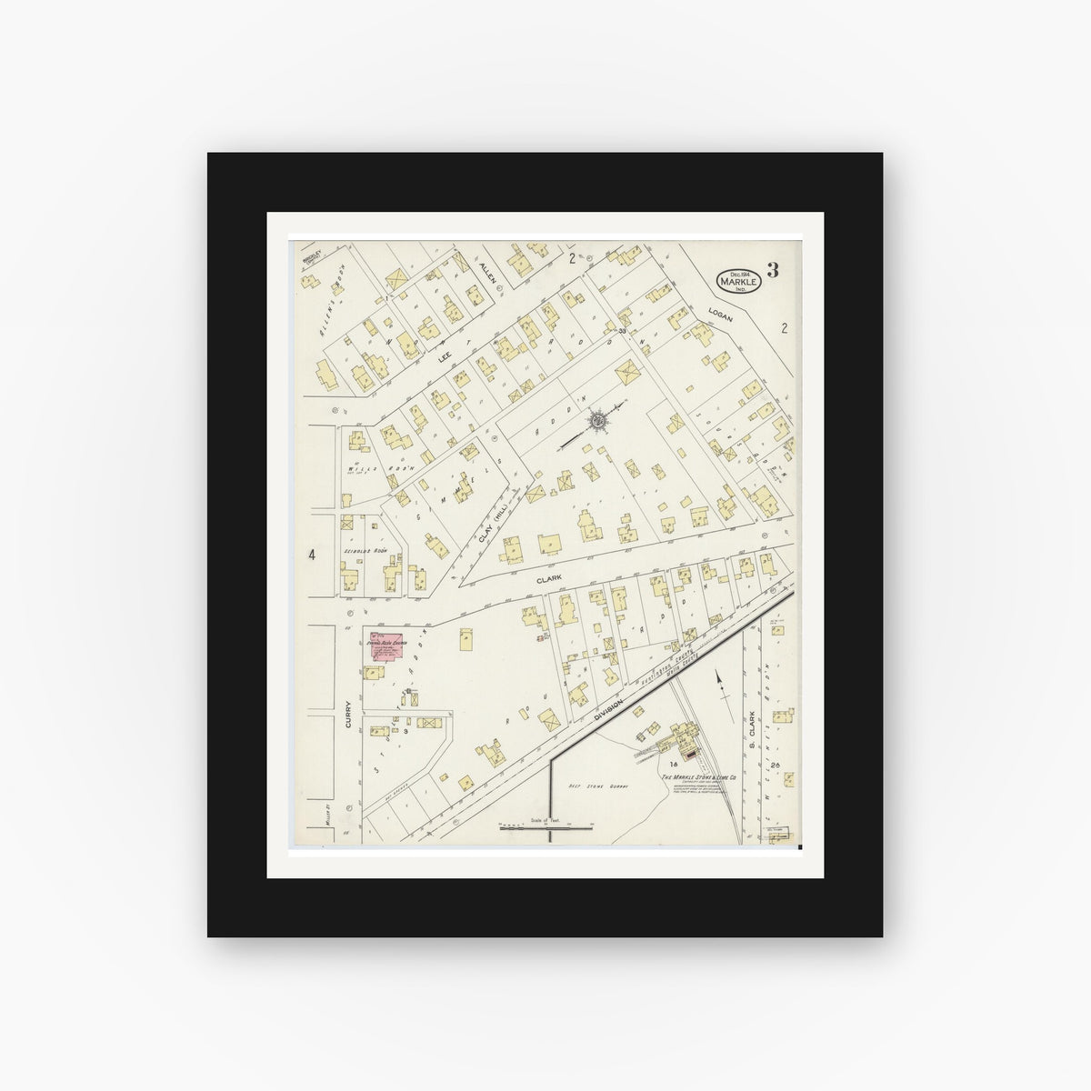 Old map wall art mockup — black gallery frame with white mat — Sanborn Fire Insurance Map from Markle, Huntington County, Indiana (1914), Sheet #0003
