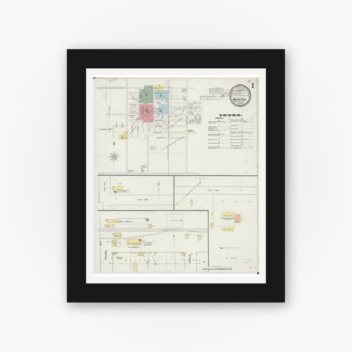 Old map wall art mockup — black gallery frame with white mat — Sanborn Fire Insurance Map from Waverly, Morgan County, Illinois (1894) - Complete Map Set