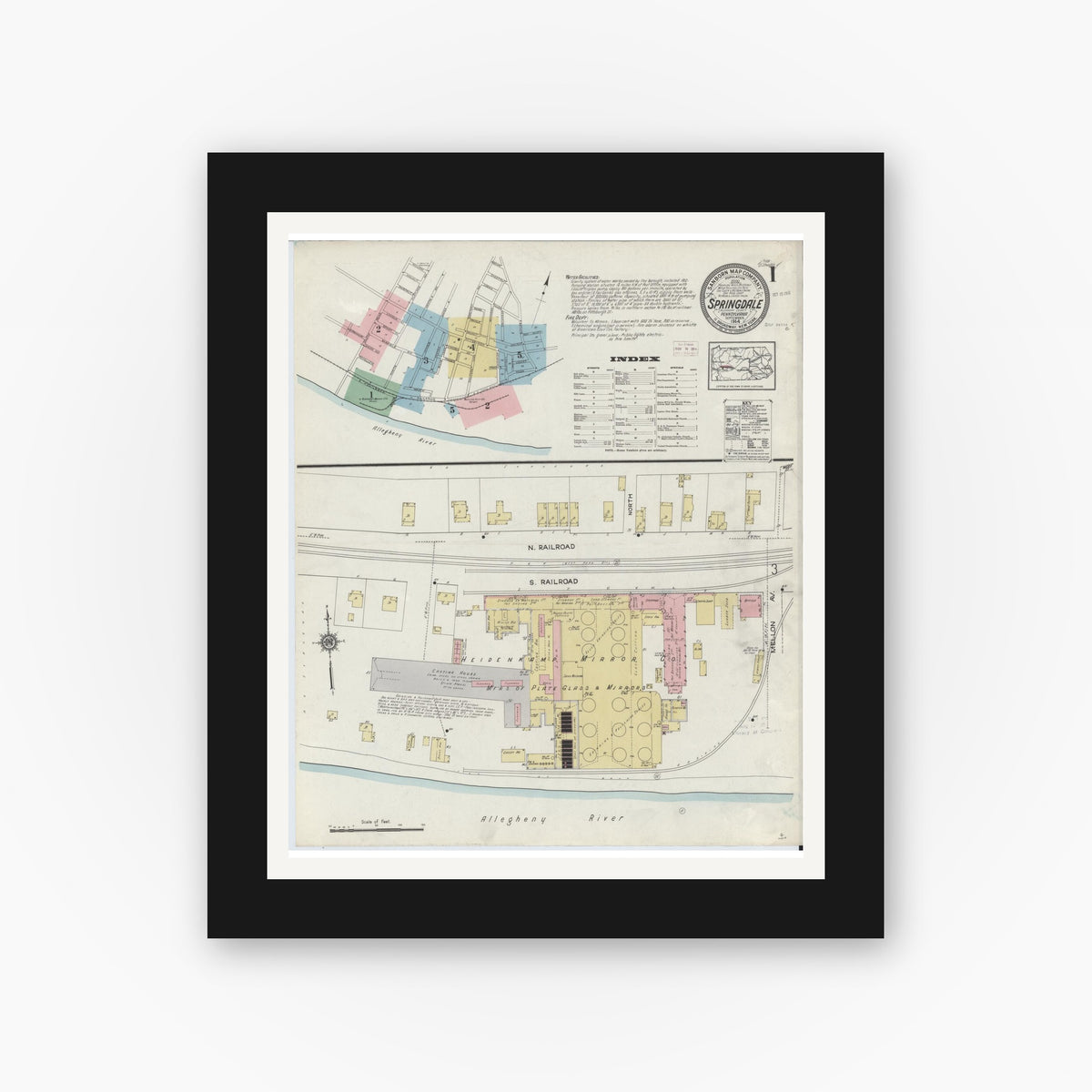 Old map wall art mockup — black gallery frame with white mat — Sanborn Fire Insurance Map from Springdale, Allegheny County, Pennsylvania (1914) - Complete Map Set