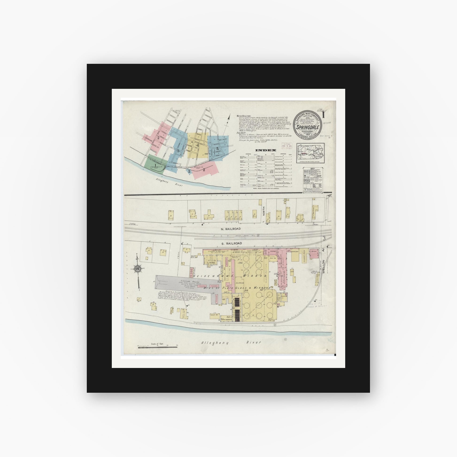 Old map wall art mockup — black gallery frame with white mat — Sanborn Fire Insurance Map from Springdale, Allegheny County, Pennsylvania (1914) - Complete Map Set