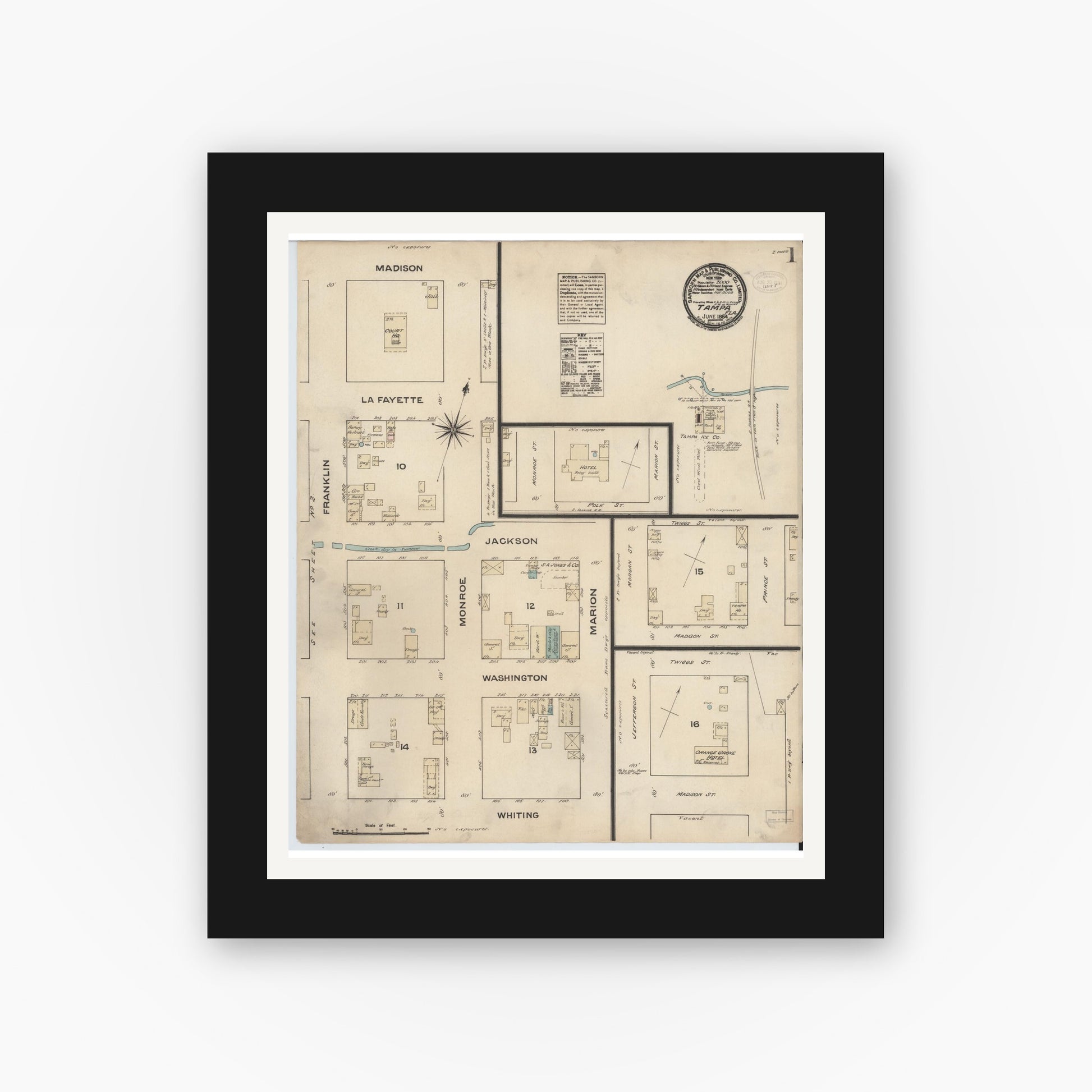 Old map wall art mockup — black gallery frame with white mat — Sanborn Fire Insurance Map from Tampa, Hillsborough County, Florida (1884) - Complete Map Set