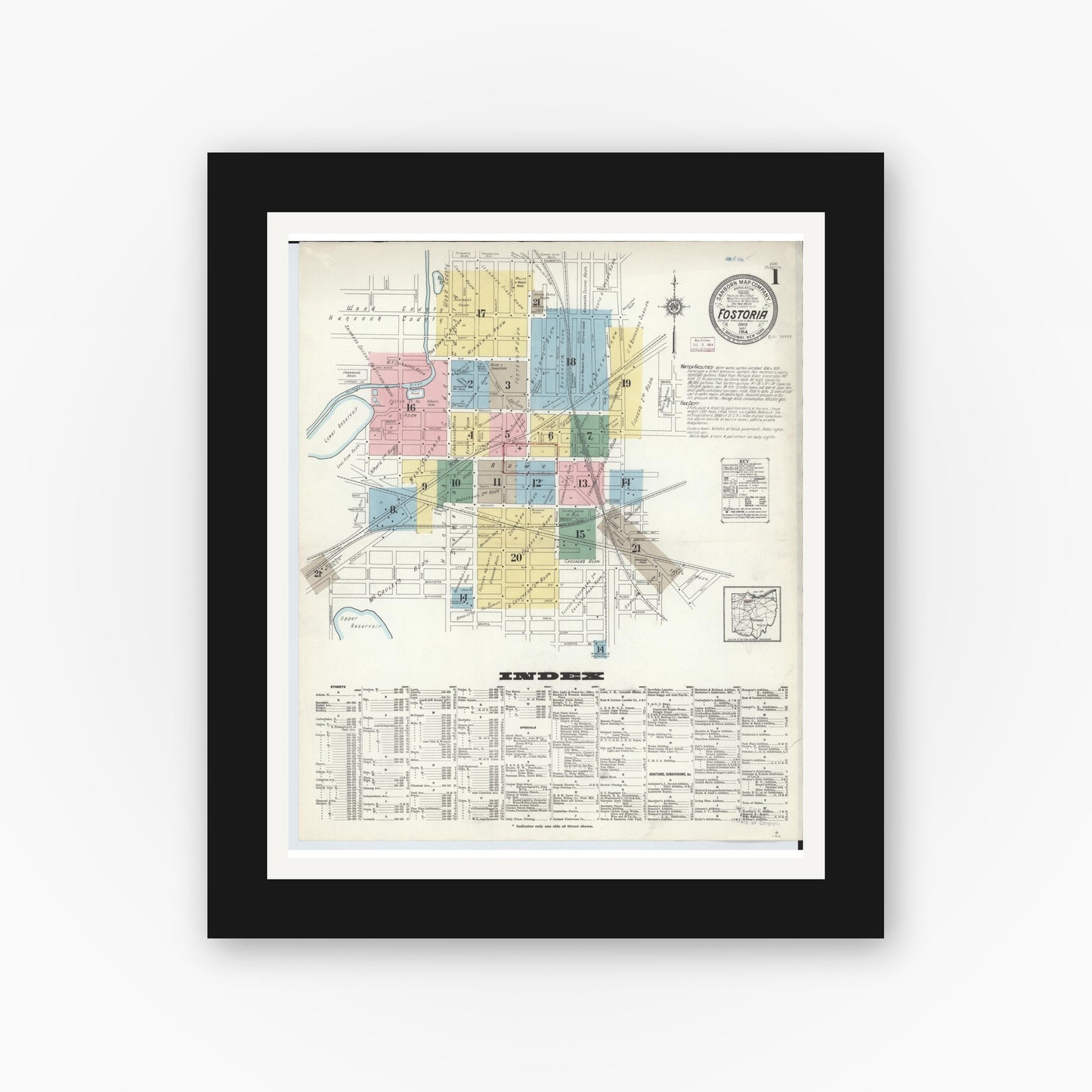 Old map wall art mockup — black gallery frame with white mat — Sanborn Fire Insurance Map from Fostoria, Seneca, Hancock, And Wood Counties, Ohio (1914) - Complete Map Set