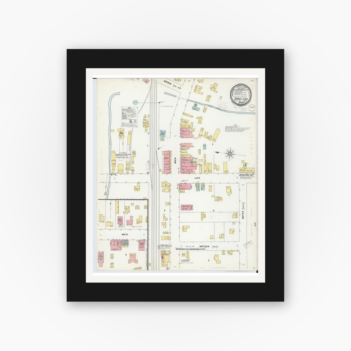Old map wall art mockup — black gallery frame with white mat — Sanborn Fire Insurance Map from Grass Lake, Jackson County, Michigan (1889), Sheet #0001