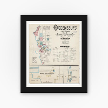 Old map wall art mockup — black gallery frame with white mat — Sanborn Fire Insurance Map from Ogdensburg, St. Lawrence County, New York (1884), Sheet #0001