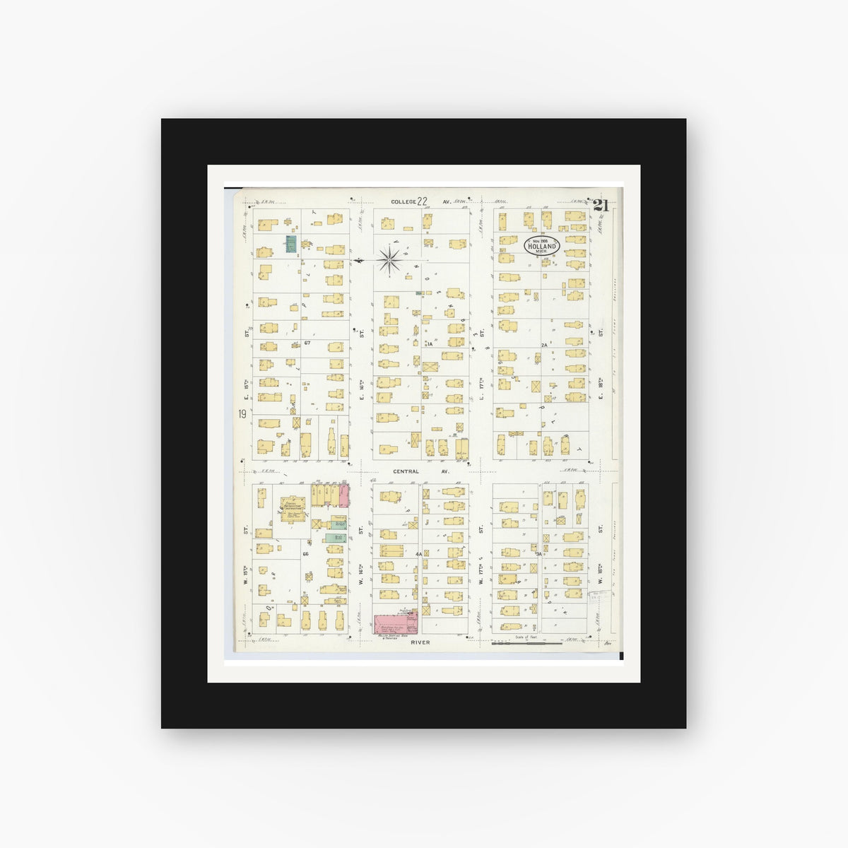 Old map wall art mockup — black gallery frame with white mat — Sanborn Fire Insurance Map from Holland, Ottawa County, Michigan (1908), Sheet #0021