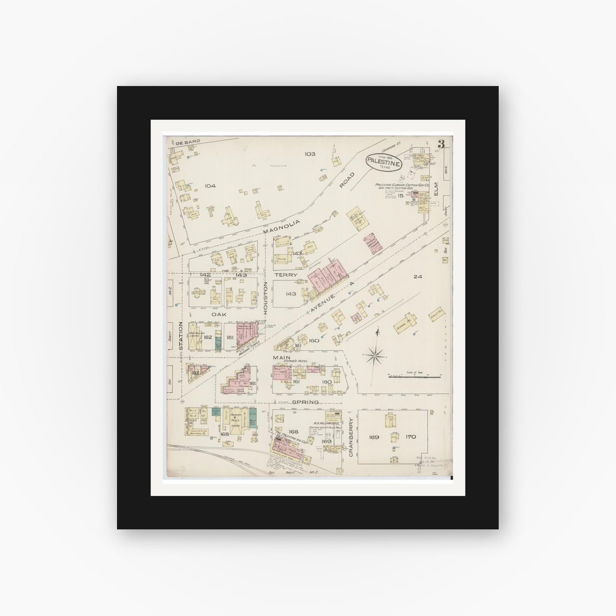 Old map wall art mockup — black gallery frame with white mat — Sanborn Fire Insurance Map from Palestine, Anderson County, Texas (1885), Sheet #0003
