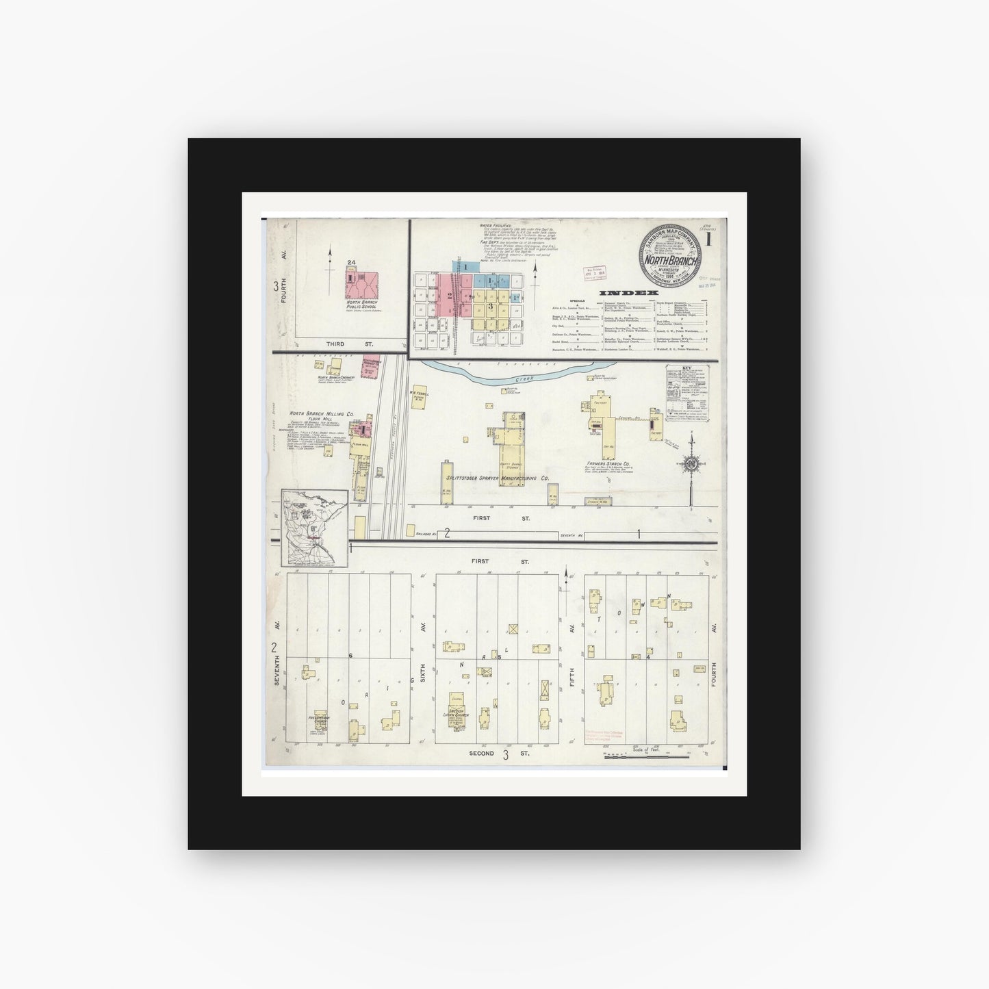 Old map wall art mockup — black gallery frame with white mat — Sanborn Fire Insurance Map from North Branch, Chisago County, Minnesota (1914), Sheet #0001