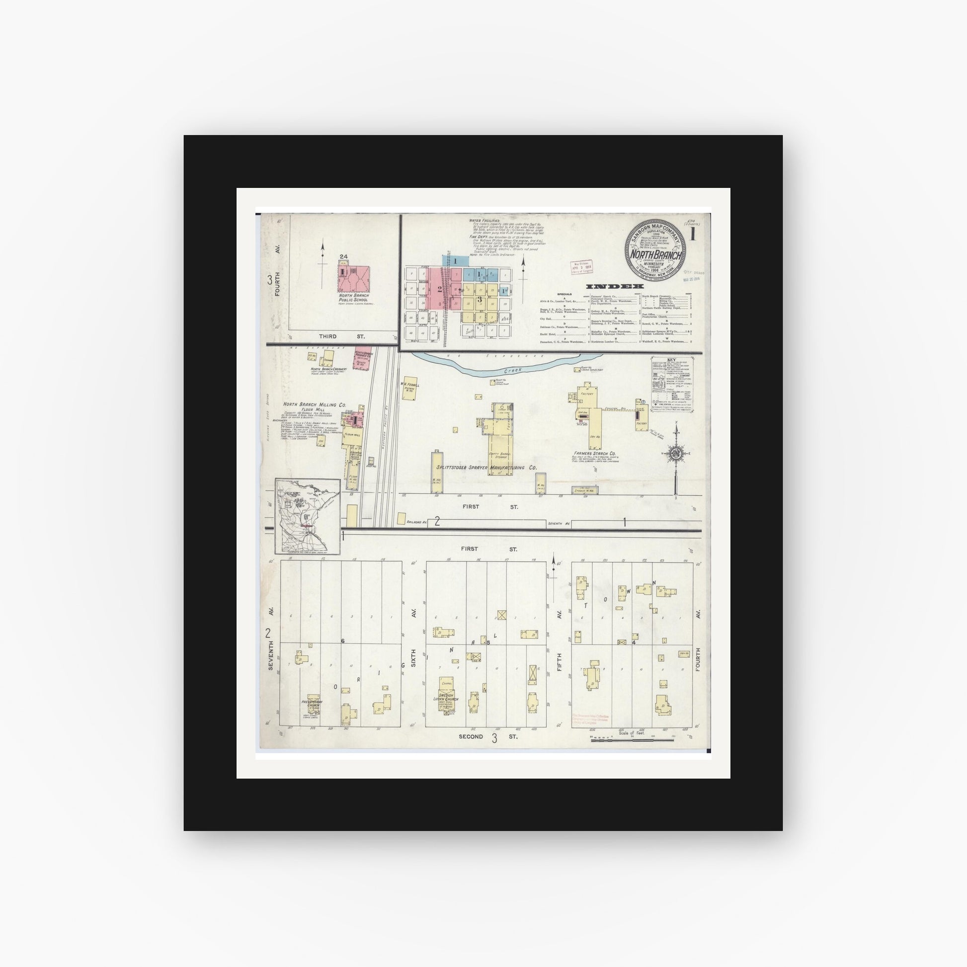 Old map wall art mockup — black gallery frame with white mat — Sanborn Fire Insurance Map from North Branch, Chisago County, Minnesota (1914), Sheet #0001