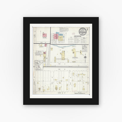 Old map wall art mockup — black gallery frame with white mat — Sanborn Fire Insurance Map from North Branch, Chisago County, Minnesota (1914), Sheet #0001