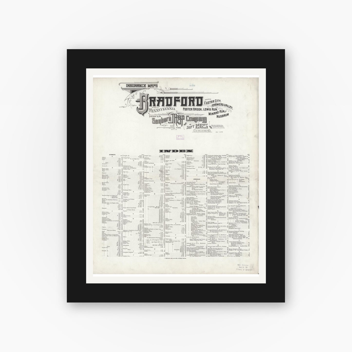 Old map wall art mockup — black gallery frame with white mat — Sanborn Fire Insurance Map from Bradford, McKean County, Pennsylvania (1925), Sheet #0001