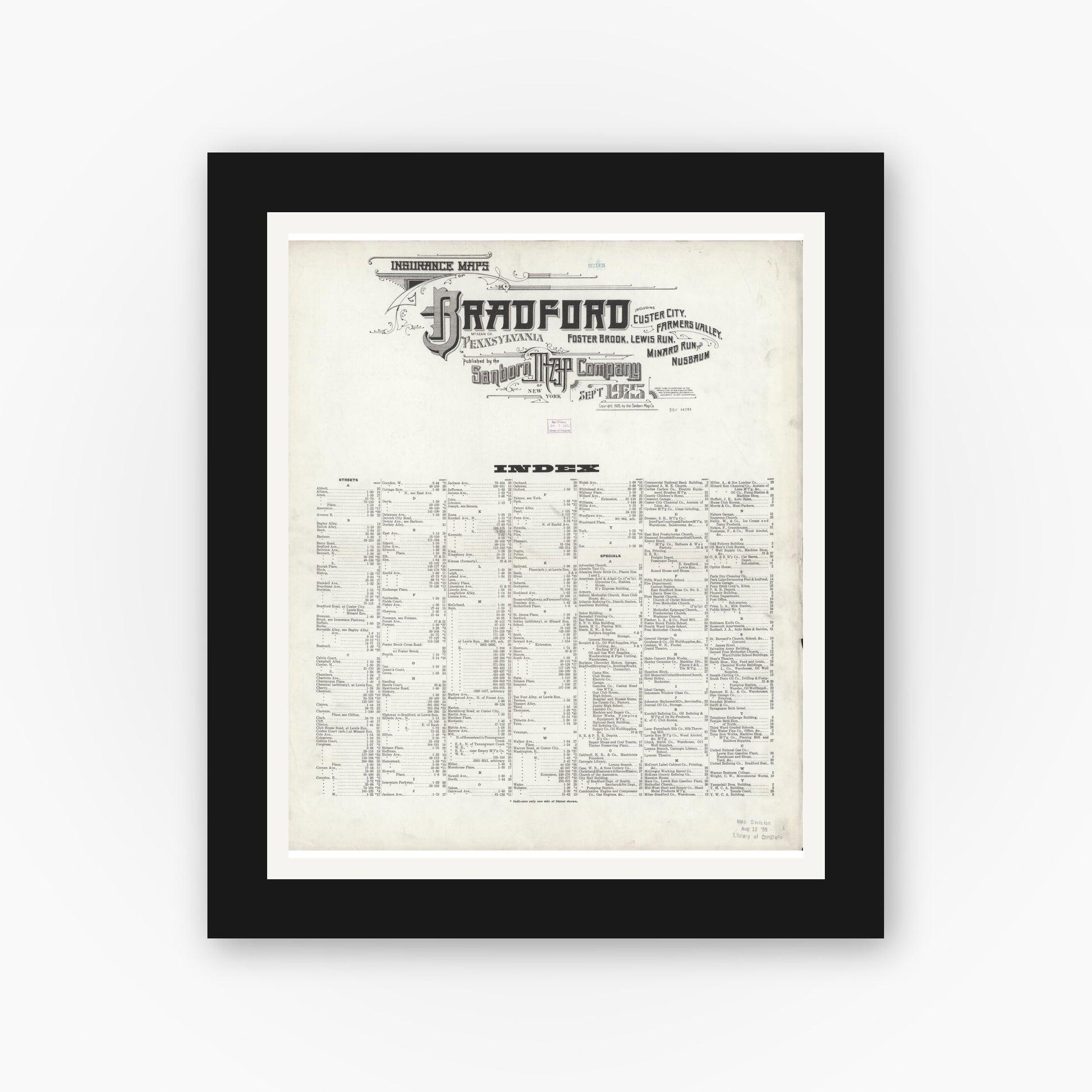Old map wall art mockup — black gallery frame with white mat — Sanborn Fire Insurance Map from Bradford, McKean County, Pennsylvania (1925), Sheet #0001