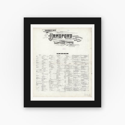 Old map wall art mockup — black gallery frame with white mat — Sanborn Fire Insurance Map from Bradford, McKean County, Pennsylvania (1925), Sheet #0001