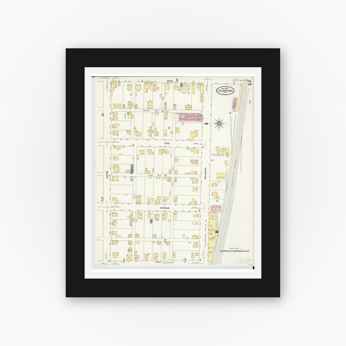 Old map wall art mockup — black gallery frame with white mat — Sanborn Fire Insurance Map from Columbiana, Columbiana County, Ohio (1909), Sheet #0005
