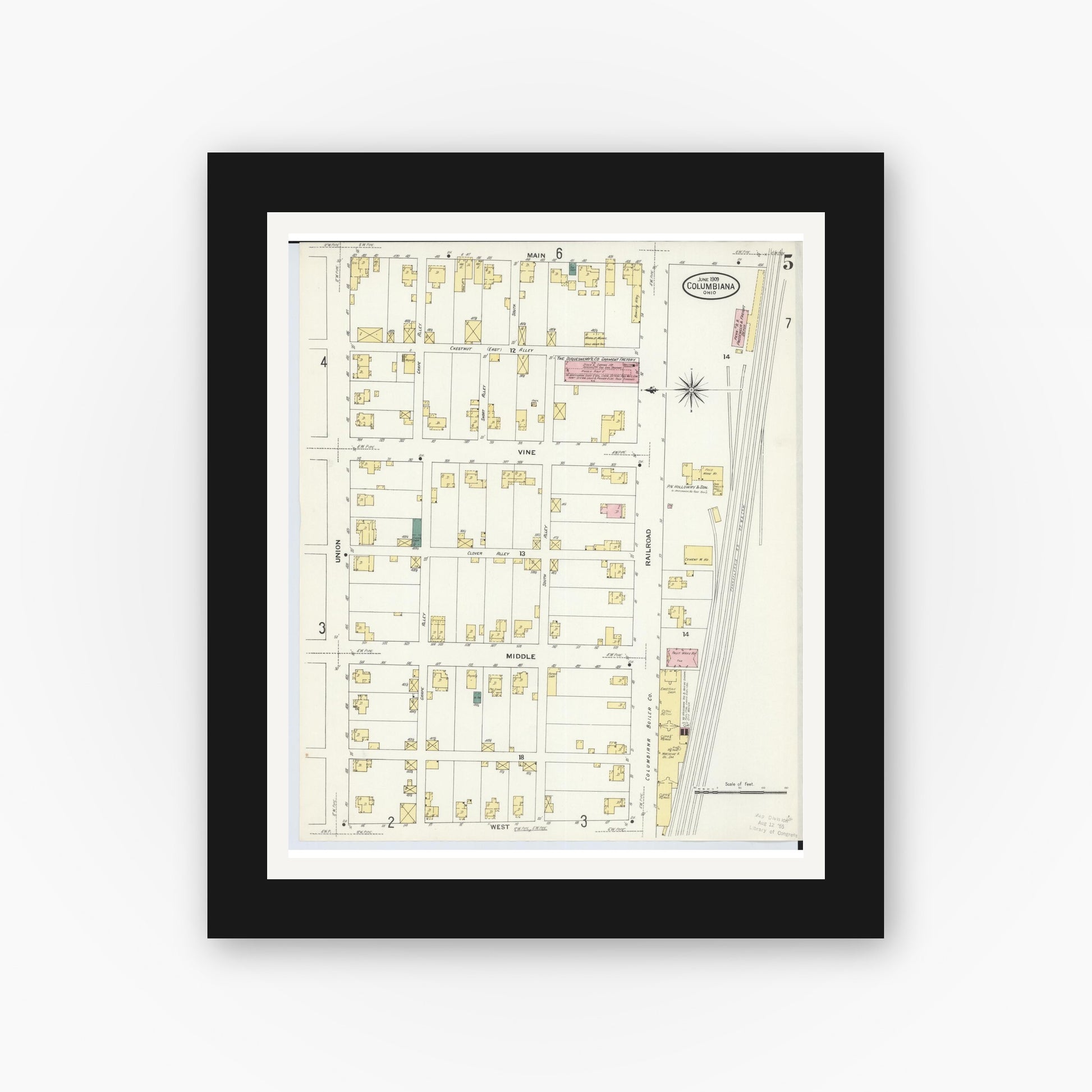 Old map wall art mockup — black gallery frame with white mat — Sanborn Fire Insurance Map from Columbiana, Columbiana County, Ohio (1909), Sheet #0005
