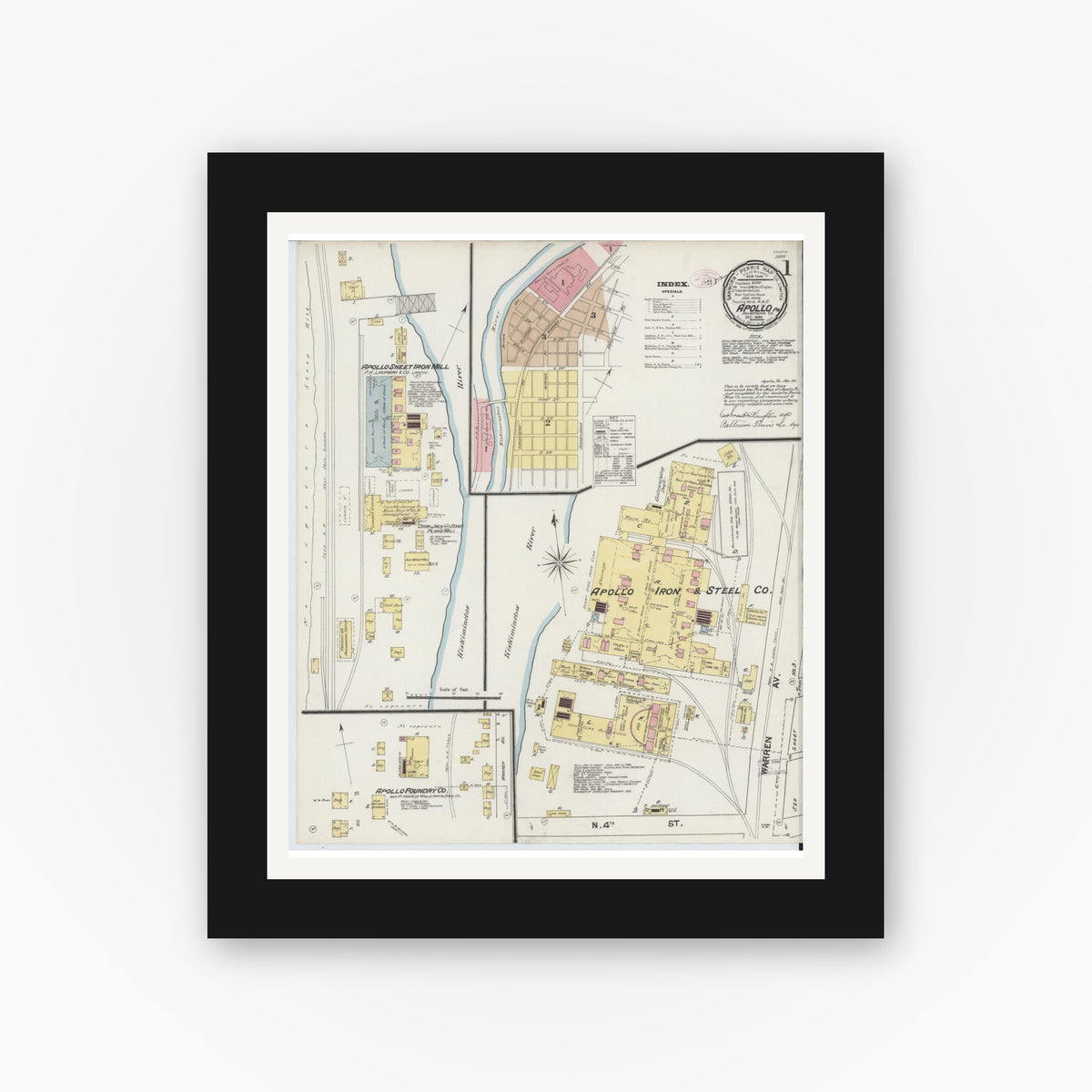 Old map wall art mockup — black gallery frame with white mat — Sanborn Fire Insurance Map from Apollo, Armstrong County, Pennsylvania (1889) - Complete Map Set