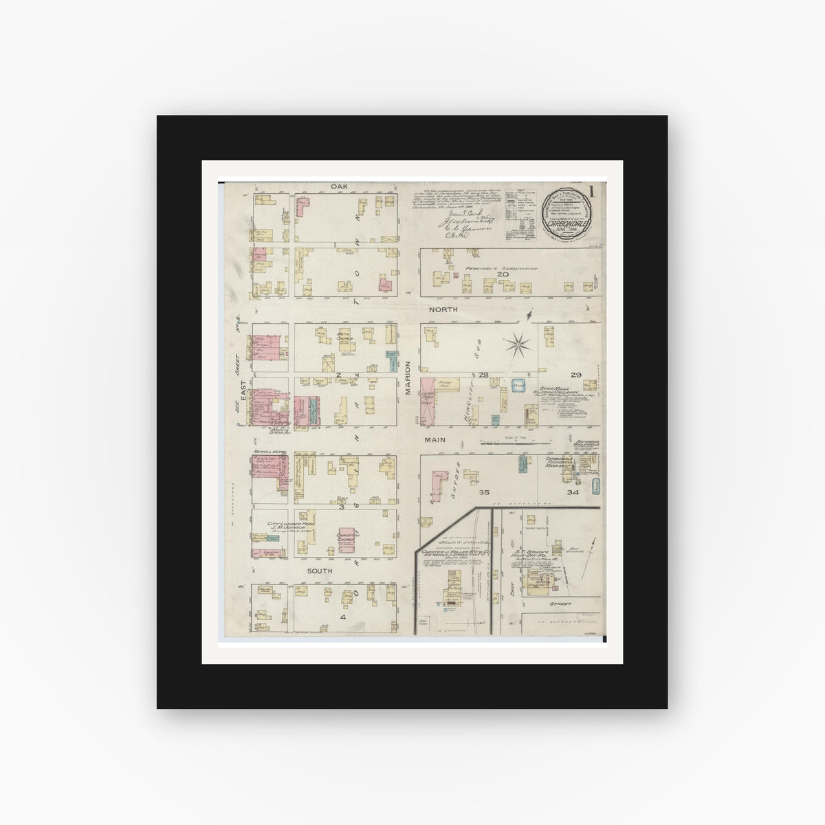 Old map wall art mockup — black gallery frame with white mat — Sanborn Fire Insurance Map from Carbondale, Jackson County, Illinois (1886) - Complete Map Set