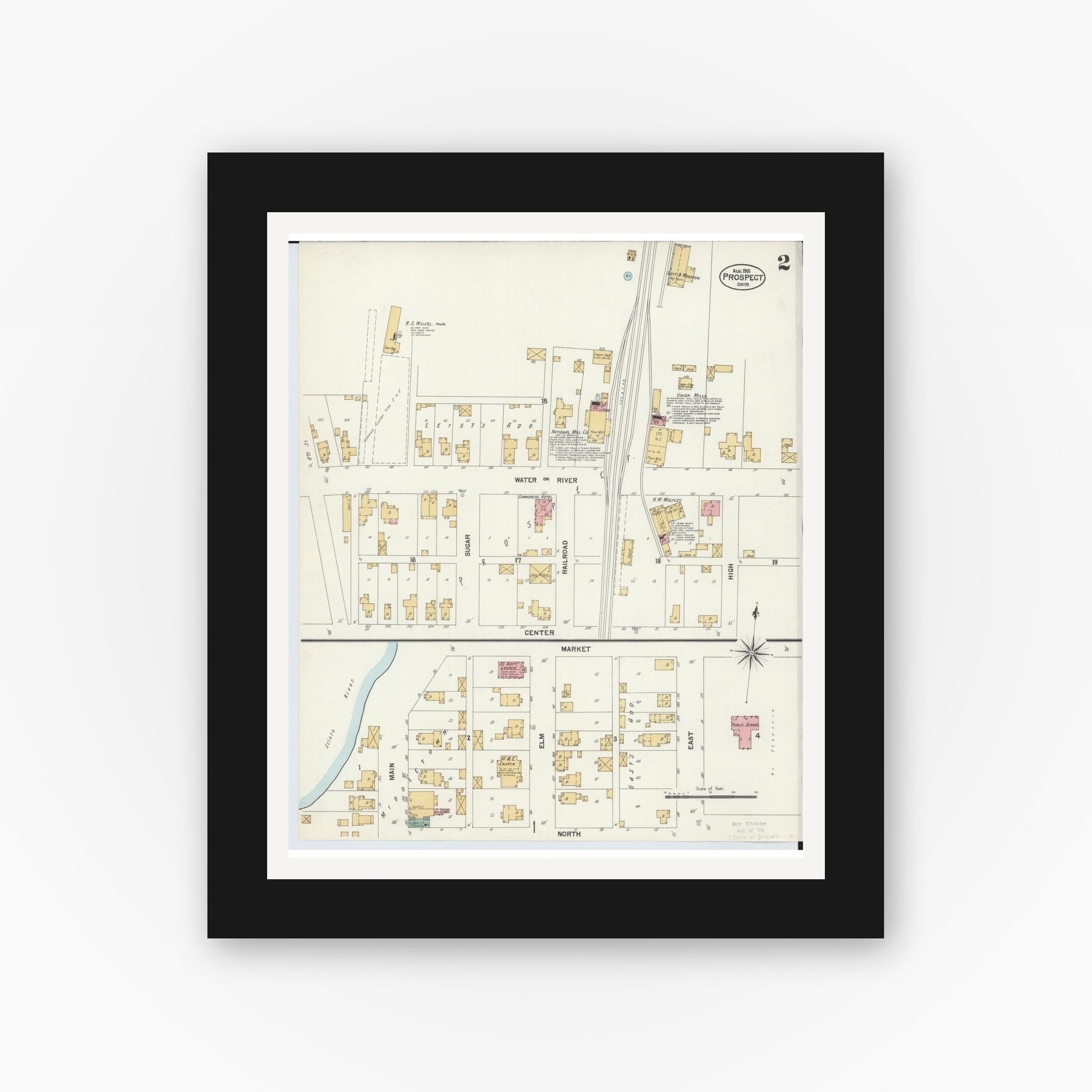 Old map wall art mockup — black gallery frame with white mat — Sanborn Fire Insurance Map from Prospect, Marion County, Ohio (1901), Sheet #0002