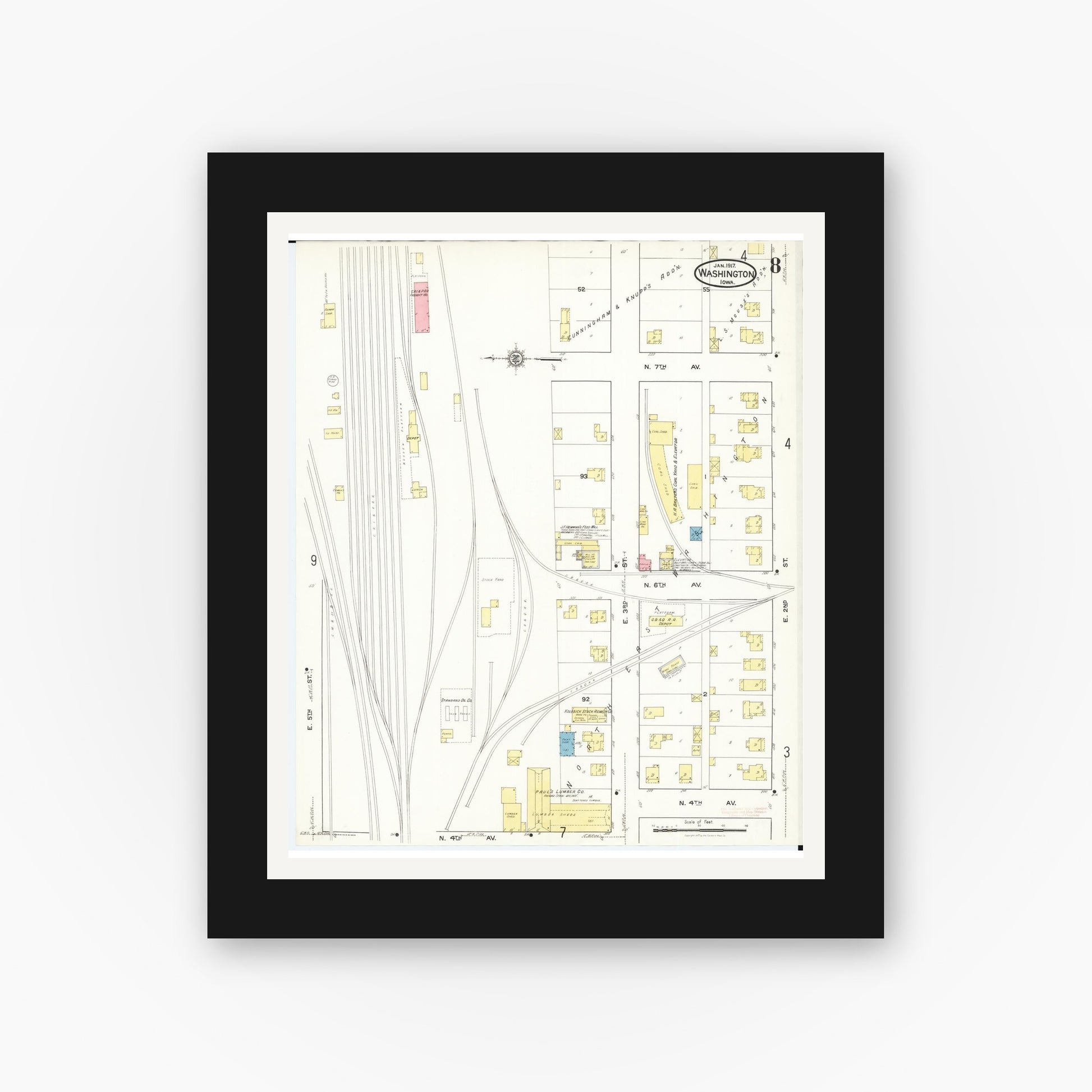 Old map wall art mockup — black gallery frame with white mat — Sanborn Fire Insurance Map from Washington, Washington County, Iowa (1917), Sheet #0008