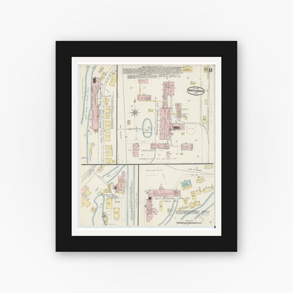Old map wall art mockup — black gallery frame with white mat — Sanborn Fire Insurance Map from North Adams, Berkshire County, Massachusetts (1888), Sheet #0009