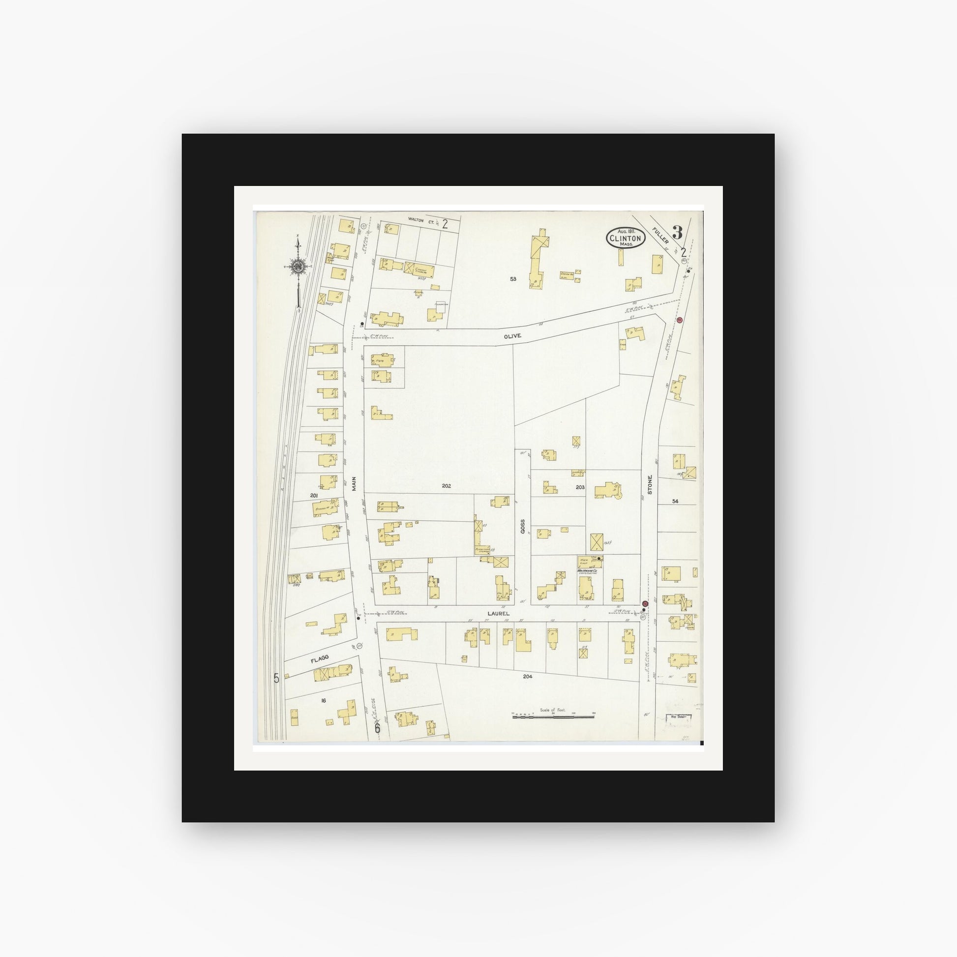 Old map wall art mockup — black gallery frame with white mat — Sanborn Fire Insurance Map from Clinton, Worcester County, Massachusetts (1911), Sheet #0003