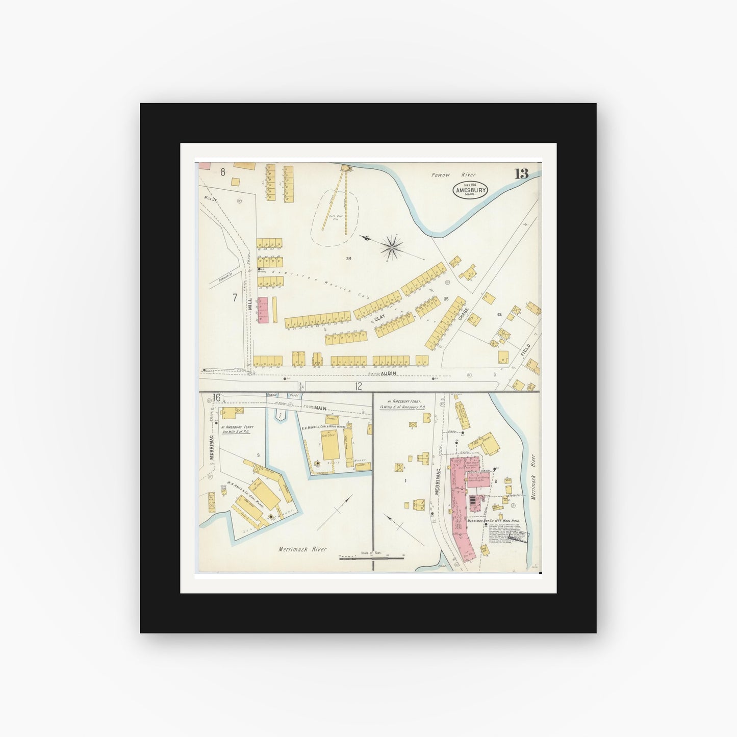 Old map wall art mockup — black gallery frame with white mat — Sanborn Fire Insurance Map from Amesbury, Essex County, Massachusetts (1904), Sheet #0013