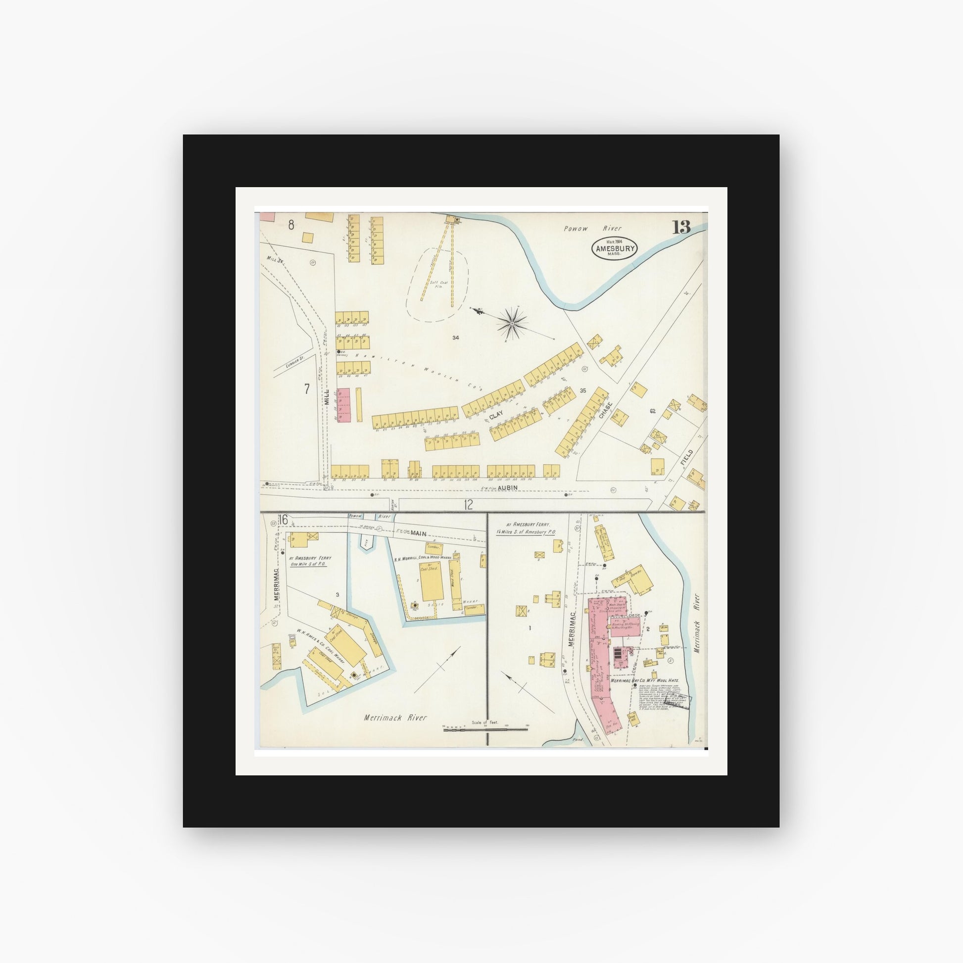 Old map wall art mockup — black gallery frame with white mat — Sanborn Fire Insurance Map from Amesbury, Essex County, Massachusetts (1904), Sheet #0013