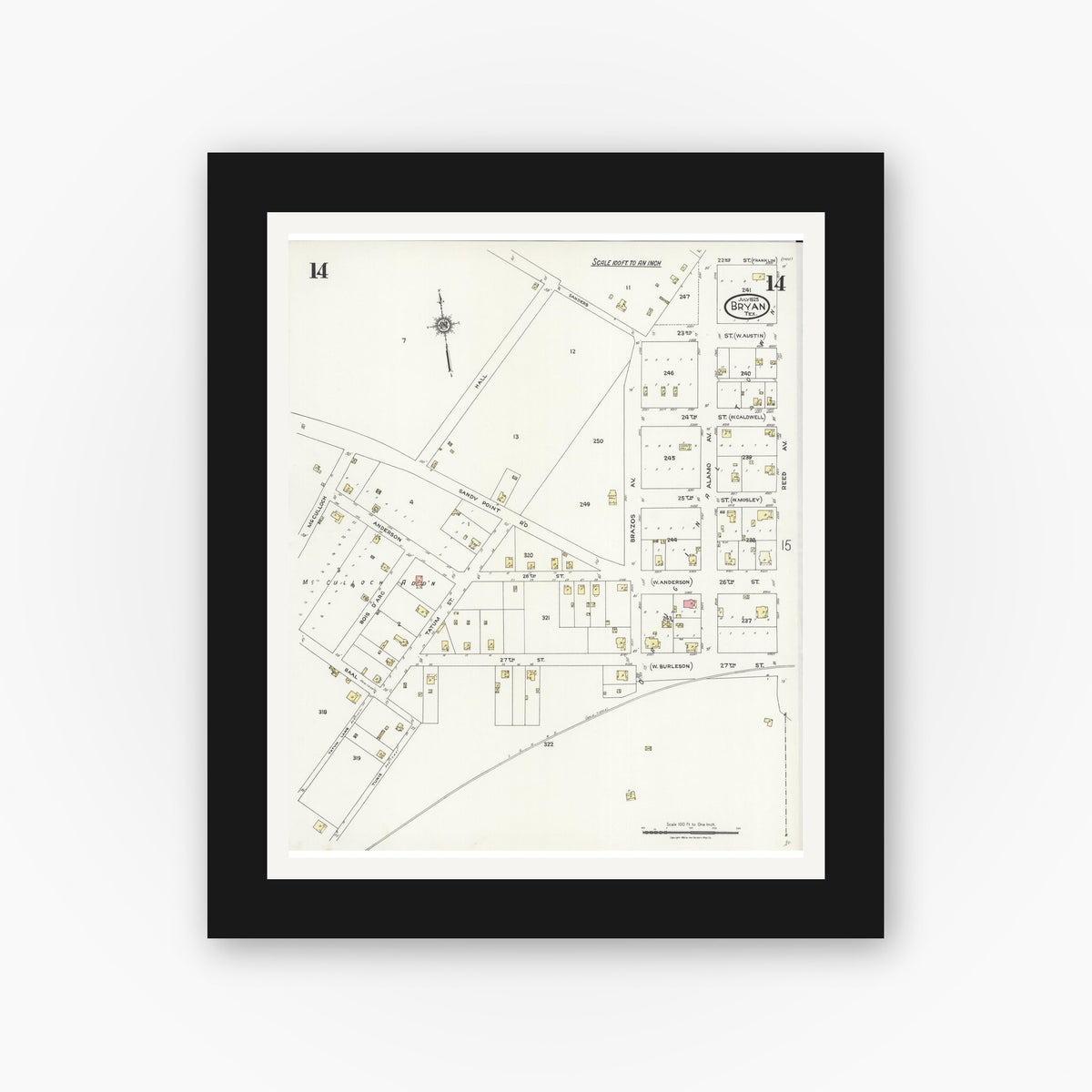 Old map wall art mockup — black gallery frame with white mat — Sanborn Fire Insurance Map from Bryan, Brazos County, Texas (1925), Sheet #0014