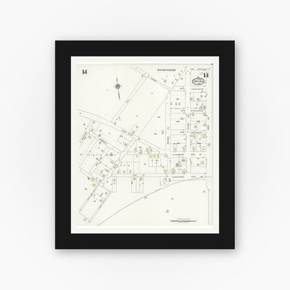 Old map wall art mockup — black gallery frame with white mat — Sanborn Fire Insurance Map from Bryan, Brazos County, Texas (1925), Sheet #0014